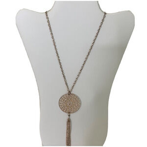 Vintage Gold Tone Filigree Round Medallion with Tassel on 32 in Chain Long
